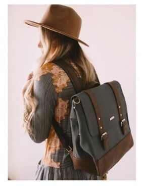 Gray Canvas Baby Backpack with Brown Leather Trim